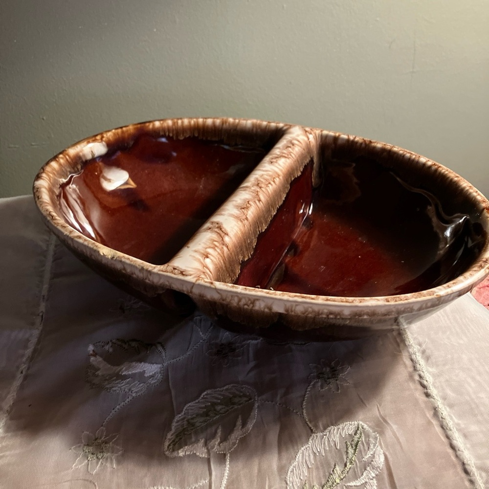 Vintage Kathy Kale Pottery Brown Drip Glaze 11" Divided Serving Bowl USA